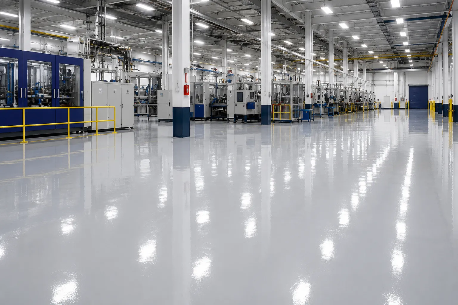 High-gloss industrial epoxy flooring installed inside a large manufacturing facility in San Antonio, Texas, featuring a seamless light gray finish designed for heavy equipment traffic and industrial durability.