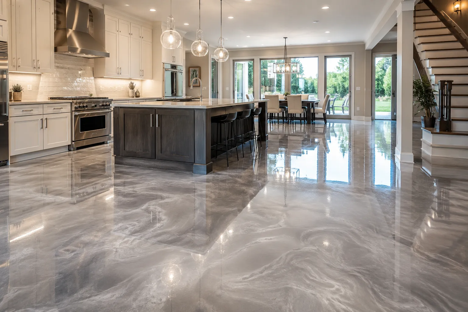Luxury pearl silver metallic epoxy flooring installed throughout an open-concept residential home in San Antonio, Texas, featuring a seamless high-gloss finish and custom marble-inspired movement.