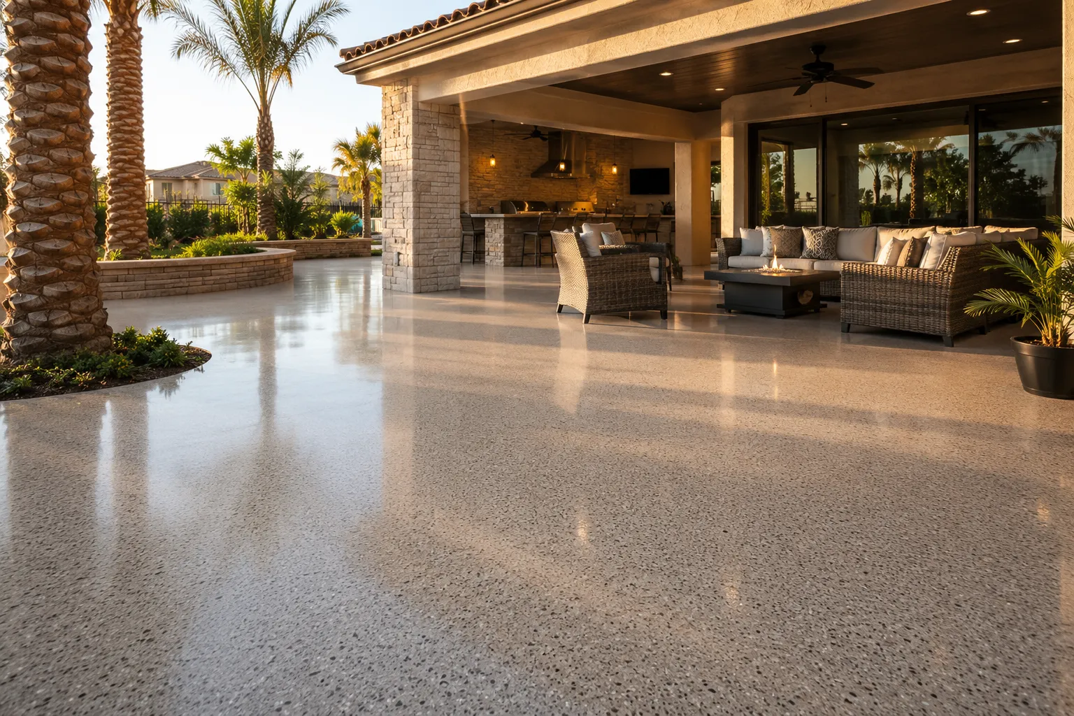Luxury outdoor patio coated with decorative flake epoxy flooring and polyaspartic topcoat in Dominion Ridge, San Antonio, Texas, featuring a seamless weather-resistant finish for outdoor living spaces.