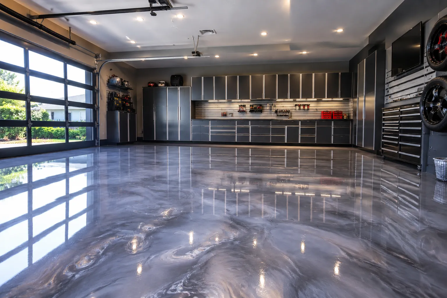Custom silver and charcoal metallic epoxy garage floor coating installed in a luxury residential garage in Stone Oak, San Antonio, Texas, featuring a high-gloss showroom finish and polyaspartic topcoat.
